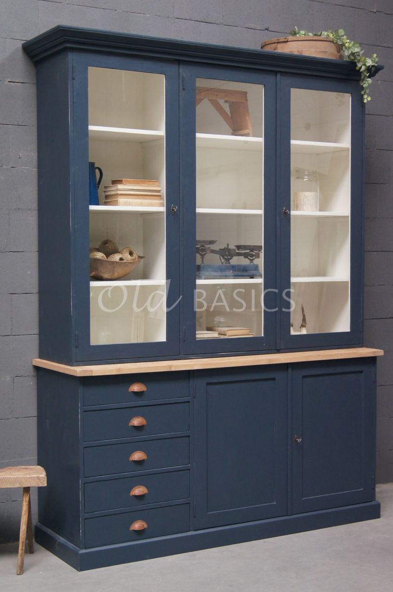 Vitrinekast Rustique, 3 deuren, RAL5008, blauw, materiaal hout